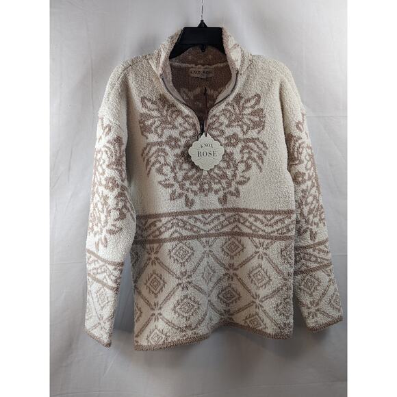Knox Rose Sherpa Mock Turtleneck Quarter Zip Damask Pullover Sweater Ivory M New - Picture 1 of 7